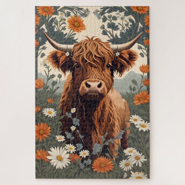 Puzzle Cute Vintage Highland Cow (Vertical)