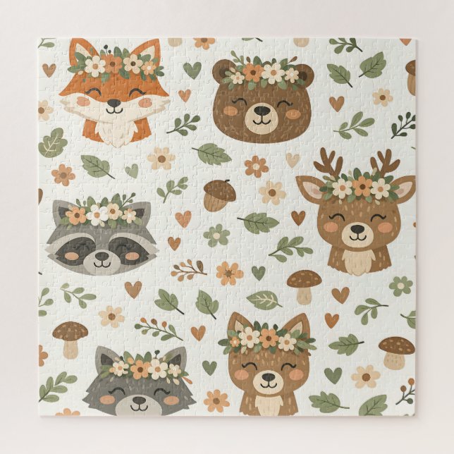 Puzzle Cute Woodland Animals Floral Pattern (Vertical)