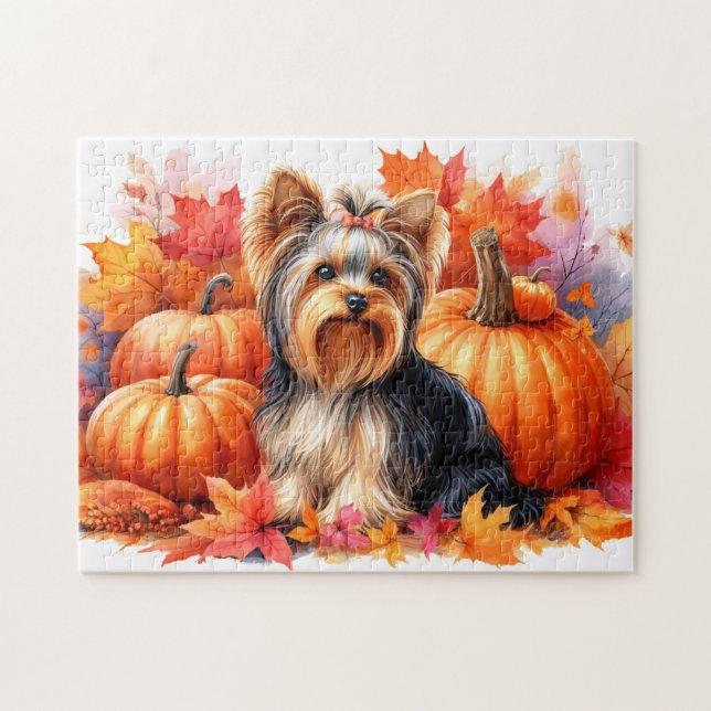 Puzzle Cute Yorkie Terrier hojas de otoño y calabazas (Horizontal)