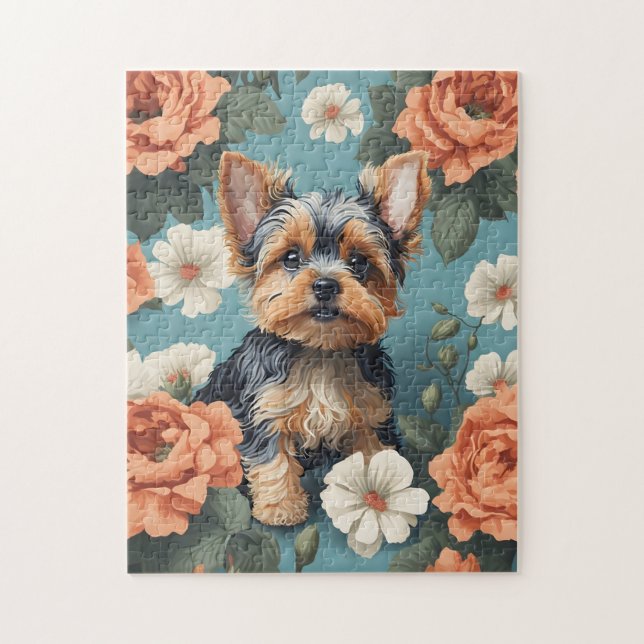Puzzle Cute Yorkshire Terrier Puppy Floral (Vertical)