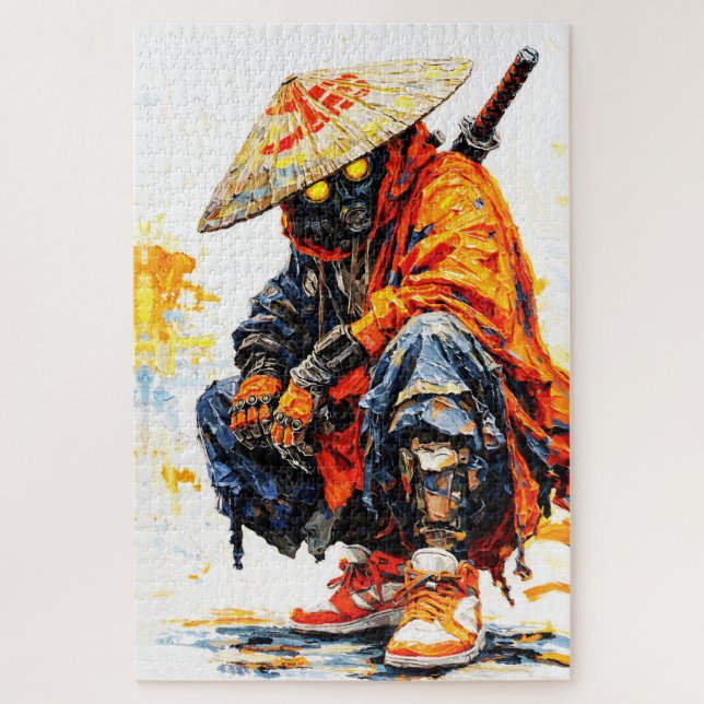 Puzzle Cyber Samurai Palette Knife Neon Orange Impasto (Vertical)