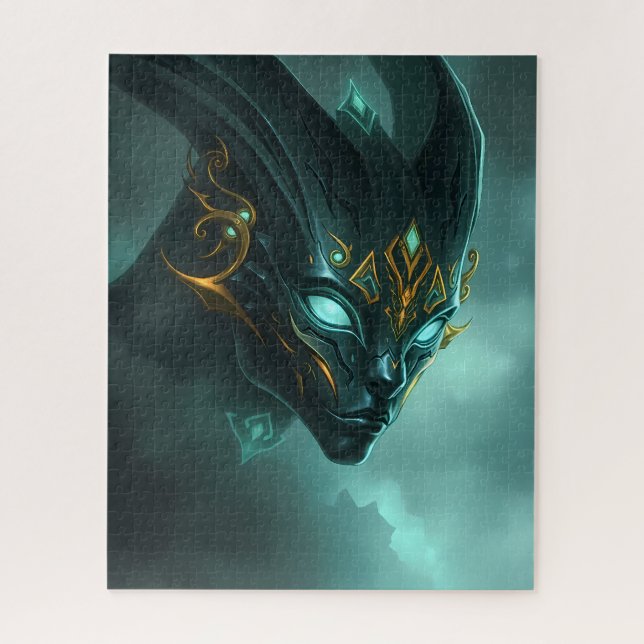 Puzzle Cybernetic Dark Demon with Glowing Cyan Eyes (Vertical)