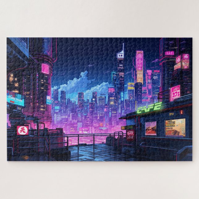 Puzzle Cyberpunk City Night Cafe (Horizontal)