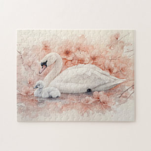Puzzle Cygnet de cignet de cisne y flores rosas de Rubor