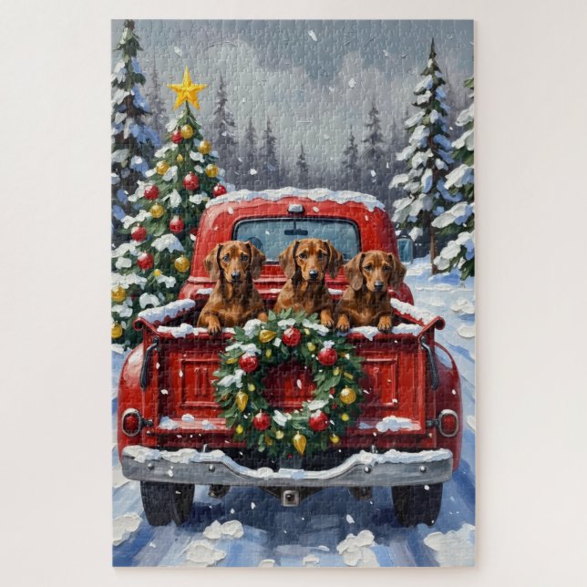 Puzzle Dachshund Christmas Red Truck Holiday (Vertical)