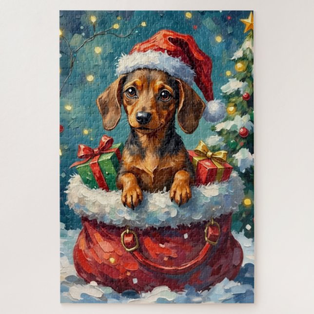 Puzzle Dachshund Christmas Santa Bag Adventure (Vertical)