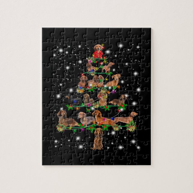 Puzzle Dachshund Christmas Tree Covered By Flashlight (Vertical)