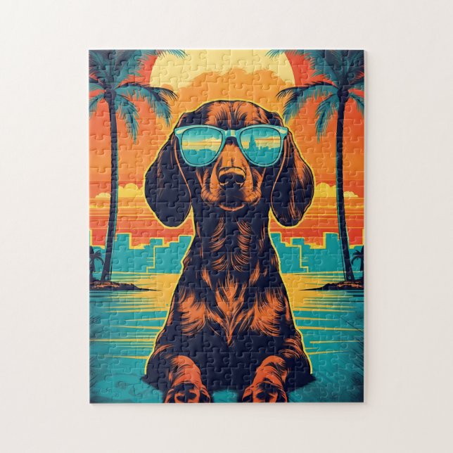 Puzzle Dachshund con gafas de sol en una playa tropical (Vertical)