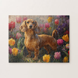 Puzzle Dachshund con pintura de tulipanes de primavera