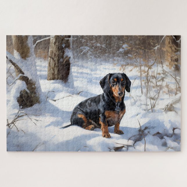 Puzzle Dachshund Deja que nieve Navidad (Horizontal)