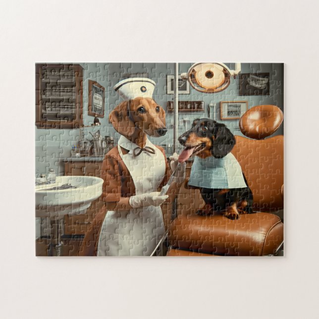 Puzzle Dachshund Dentist Retro Canine Dental (Horizontal)