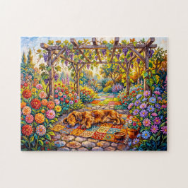 Puzzle Dachshund descansando bajo la pérgola floral del j