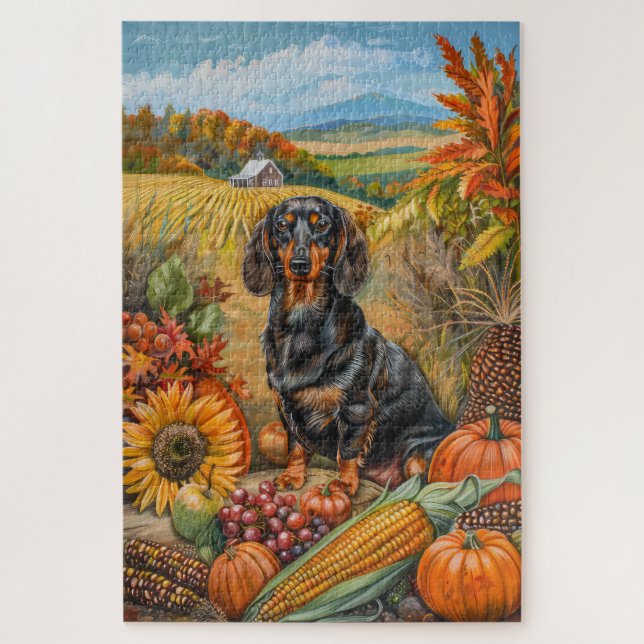 Puzzle Dachshund Dog otoño Harvest Acción de Gracias (Vertical)
