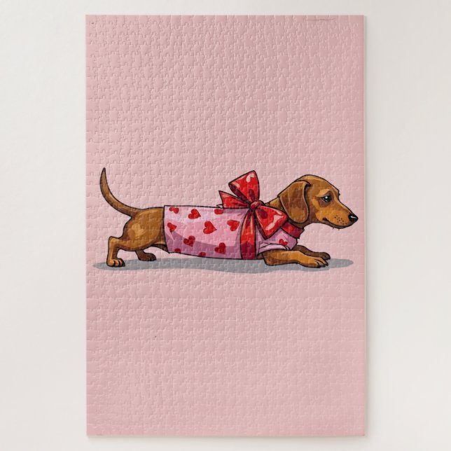 Puzzle Dachshund Dog Valentine's Day Wrapped Gift Art (Vertical)