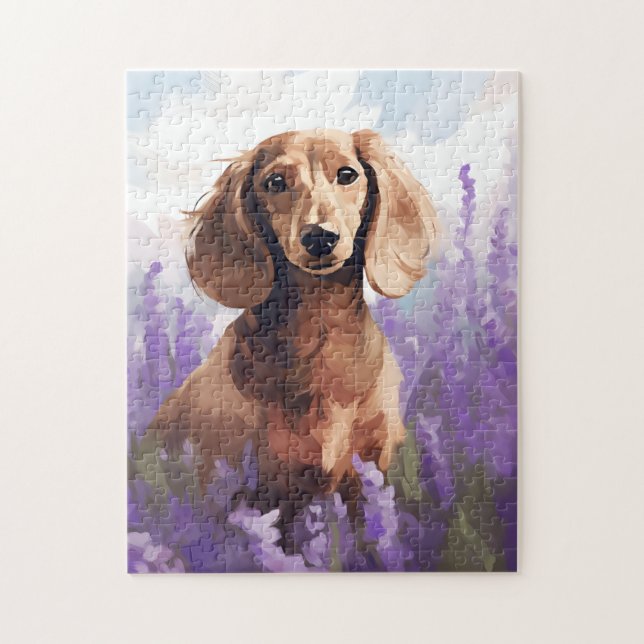 Puzzle Dachshund en el campo Lavender (Vertical)