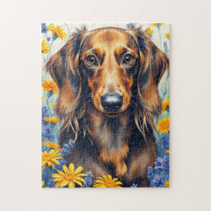 Puzzle Dachshund en el jardín de flores