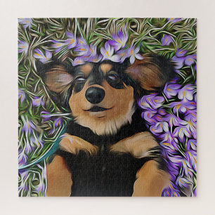 Puzzle Dachshund En Flores Púrpura