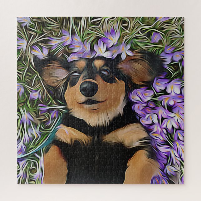 Puzzle Dachshund En Flores Púrpura (Vertical)