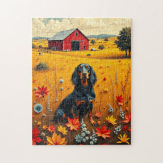 Puzzle dachshund en la granja en otoño