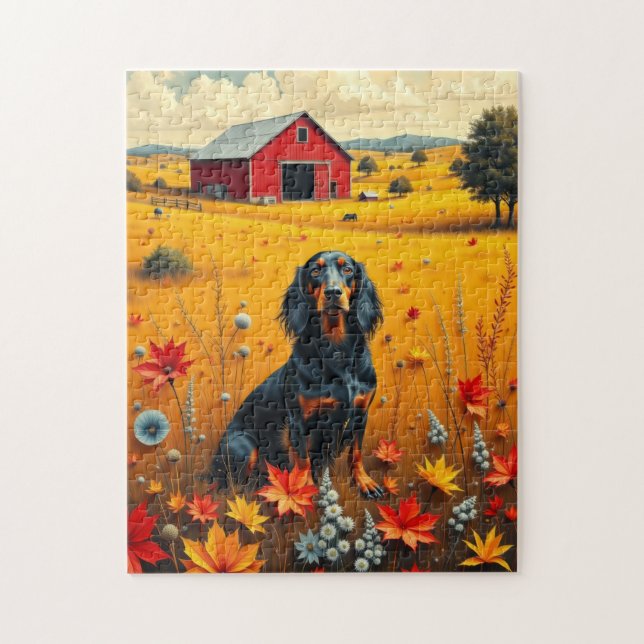 Puzzle dachshund en la granja en otoño (Vertical)