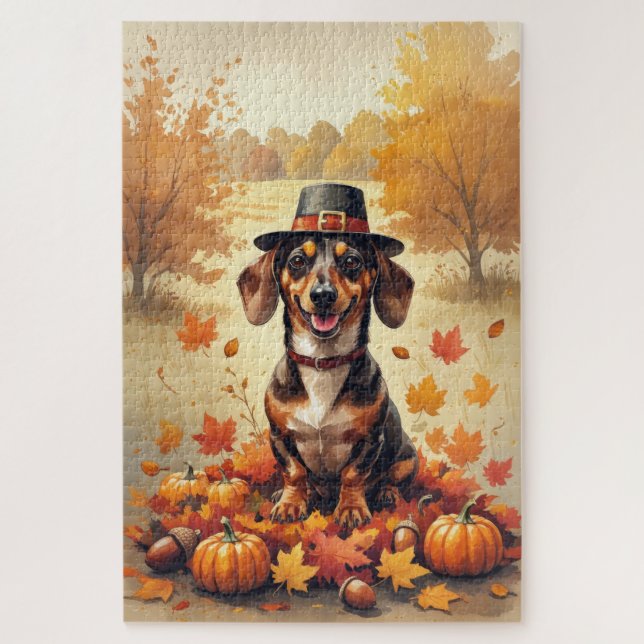 Puzzle Dachshund En Otoño Deja El Arte Del Día De Gracias (Vertical)