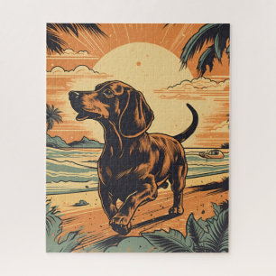 Puzzle Dachshund en una playa tropical al atardecer
