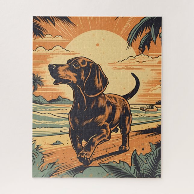 Puzzle Dachshund en una playa tropical al atardecer (Vertical)