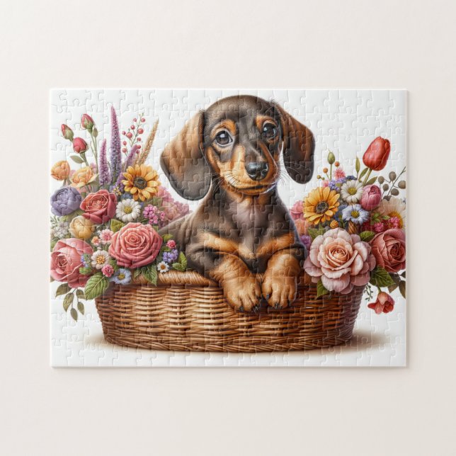 Puzzle Dachshund Entre Flores (Horizontal)