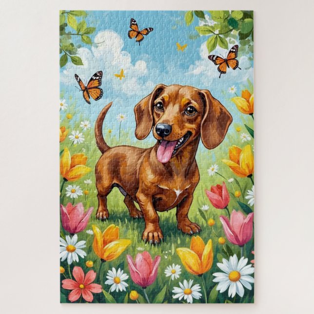 Puzzle Dachshund Flores de Primavera Perro Lindo (Vertical)