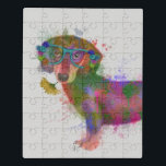 Puzzle Dachshund & Glasses Splash Arcoiris<br><div class="desc">Esta huella de acuarela muestra un retrato colorido de un dachsund con gafas verde azuladas adornadas con flores | Por Fab Funky</div>