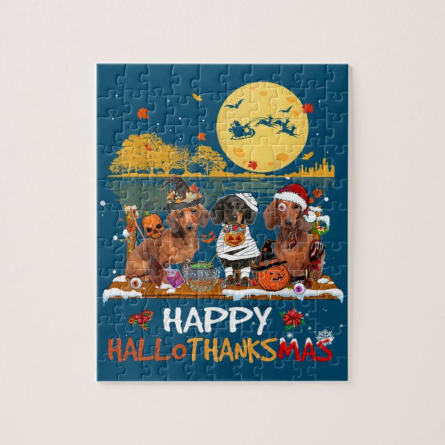 Puzzle Dachshund Happy Hallothanksmas Halloween Thanksgiv (Vertical)
