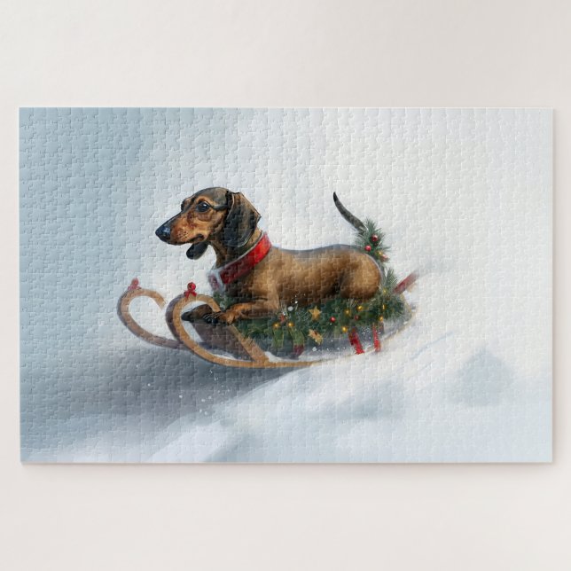 Puzzle Dachshund Navidad nieve invierno (Horizontal)
