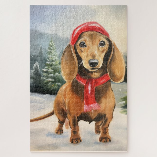 Puzzle Dachshund Perro en Navidad Nieve  (Vertical)