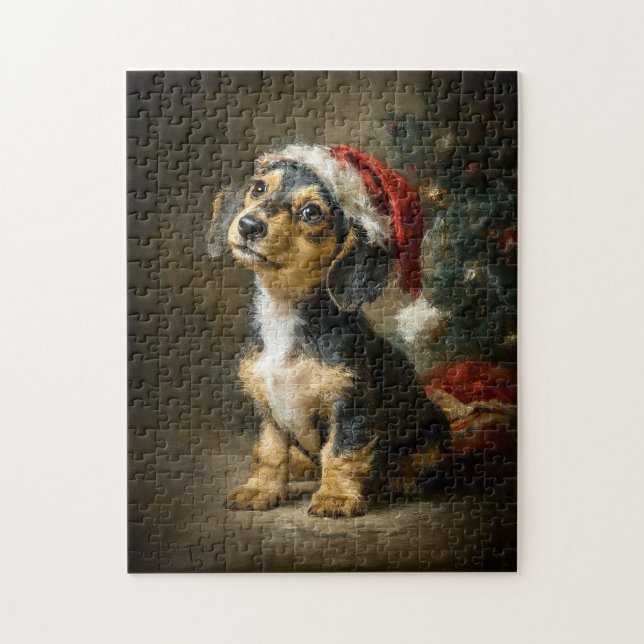 Puzzle Dachshund Puppy Christmas Painting (Vertical)