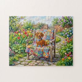 Puzzle Dachshund sentado en una silla de jardín de patchw