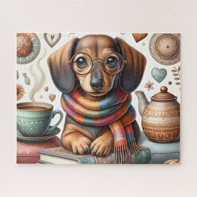 Puzzle Dachshund With Coffee (Horizontal)