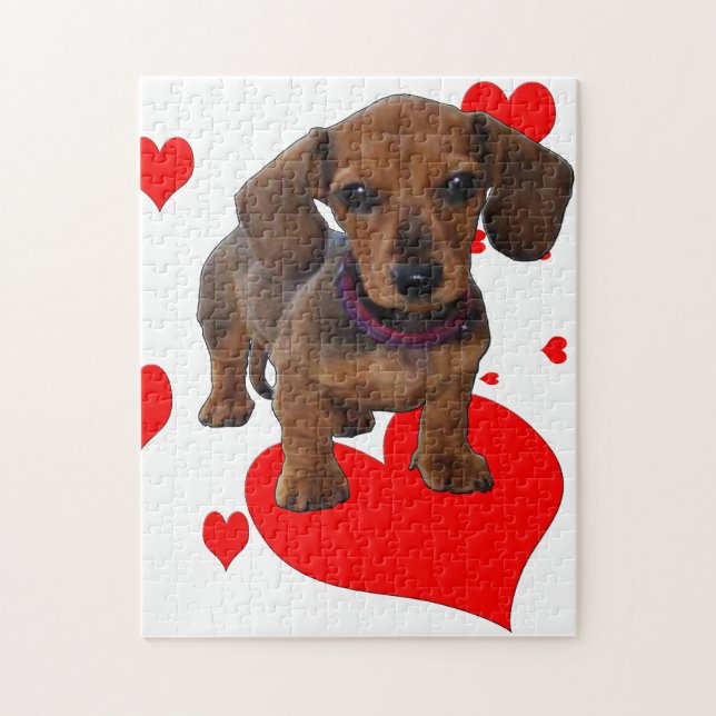 Puzzle Dachsie Dachshund con los corazones (Vertical)