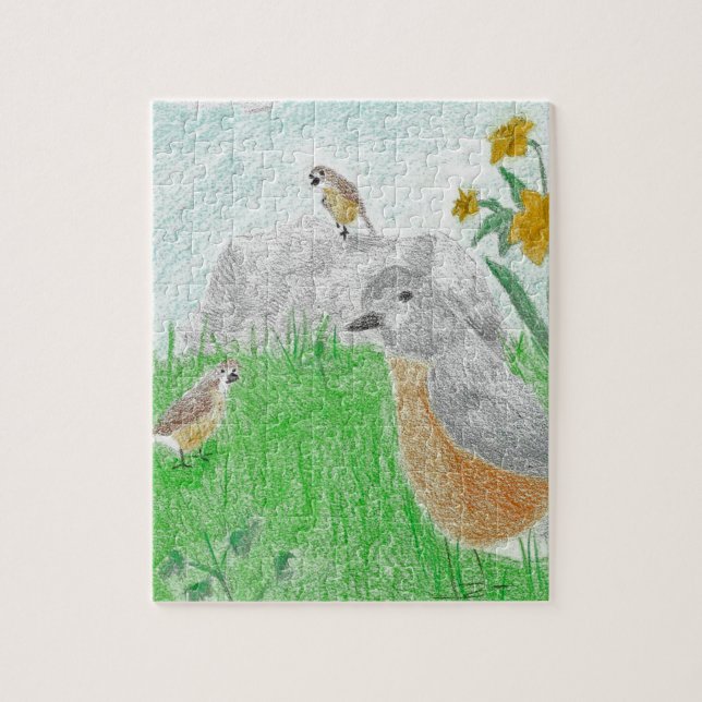 Puzzle Daffodils Robins de Springtime dibujado a mano (Vertical)