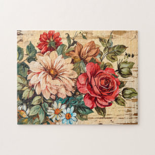 Puzzle Dahlias y Rosas en Pared de Madera Agrietada