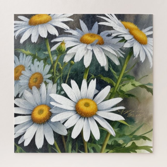 Puzzle Daisies Bunch of Flowers Elegant Watercolor (Vertical)
