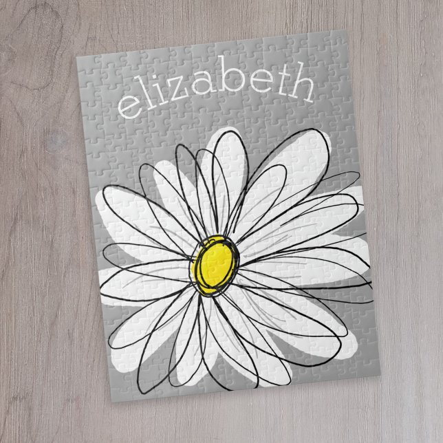 Puzzle Daisy de moda con gris y amarillo (Cute whimsical daisy personalized puzzle)