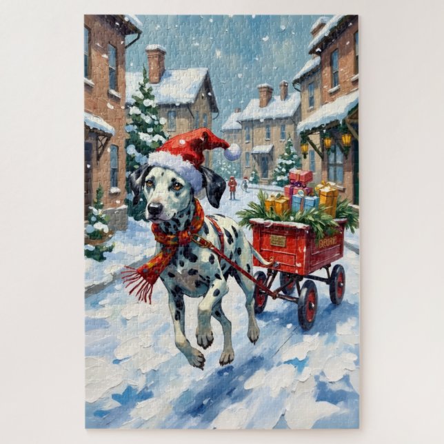 Puzzle Dalmatian Delivering Toys in Christmas Wagon Hat (Vertical)