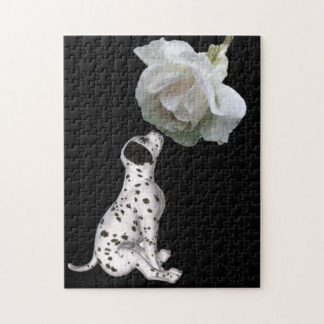 Puzzle Dalmatian Puppy Smelling White Rose  (Vertical)