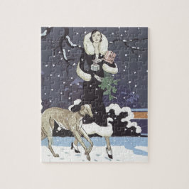 Puzzle Dama Borzoi de vacaciones en la nieve