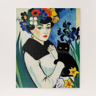 Puzzle Dama con gato negro