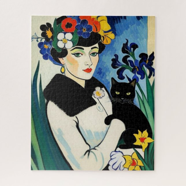 Puzzle Dama con gato negro (Vertical)