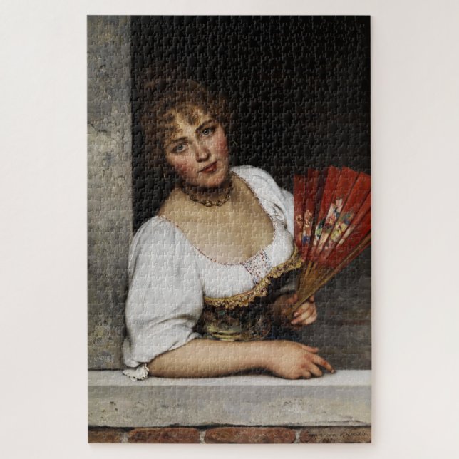 Puzzle Dama con un abanico rojo (por Eugene de Blaas) (Vertical)