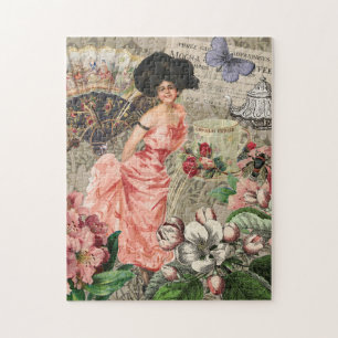 Puzzle Dama de Café Mujer Victoriana Rosa Vestido Rico