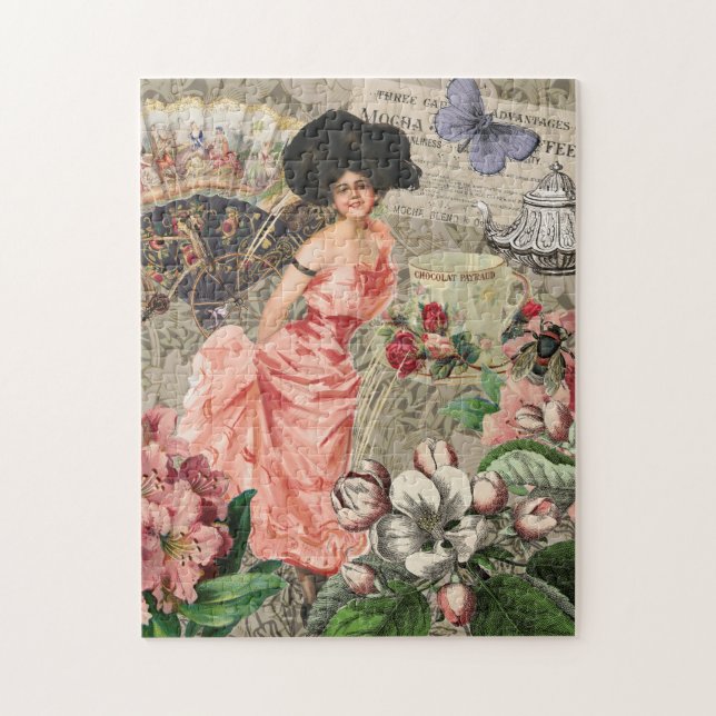 Puzzle Dama de Café Mujer Victoriana Rosa Vestido Rico (Vertical)