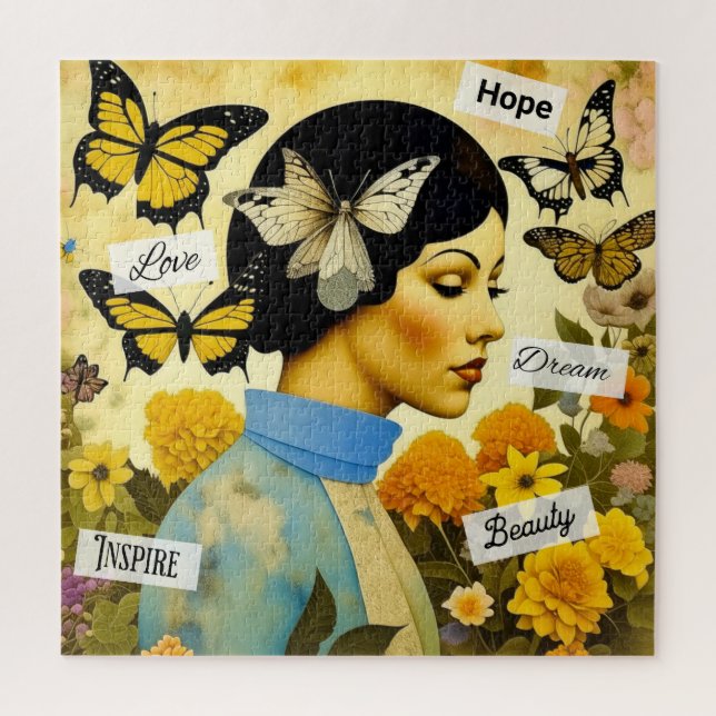 Puzzle Dama de época, mariposas, flores e inspiración (Vertical)